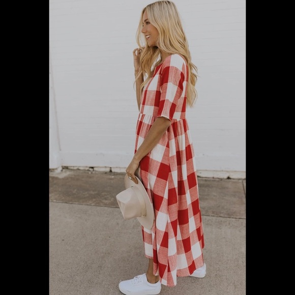 Roolee red buffalo plaid gingham Maddie mom midi maxi dress - Picture 2 of 15